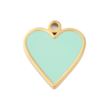 Ion Plating(IP) 304 Stainless Steel Enamel Pendants, Heart Charm, Aquamarine, Golden, 18x16x1mm, Hole: 1.8mm