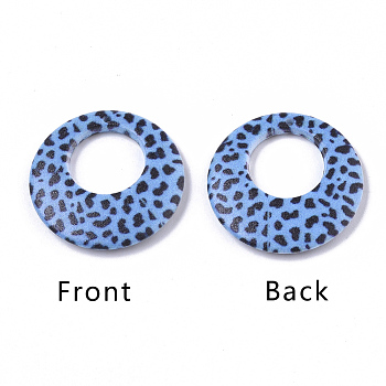 Double Opaque Spray Painted Acrylic Pendants, Flat Round with Leopard Print Pattern, Light Sky Blue, 25x3.5mm, Hole: 1.2mm