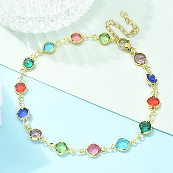 304 Stainless Steel Flat Round Acrylic Rhinestone Cup Chain Anklets for Women, Real 18K Gold Plated, Colorful, 210x6.5mm