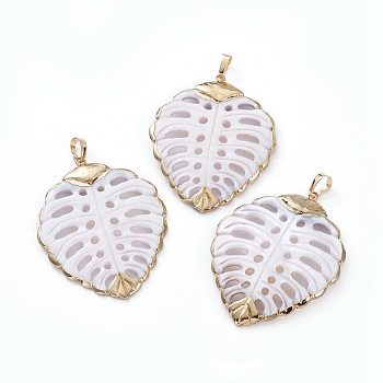 Electroplated Shell Big Pendants, with Brass Pendant Findings, Leaf, White, 56.1x43x3mm, Hole: 8x5mm