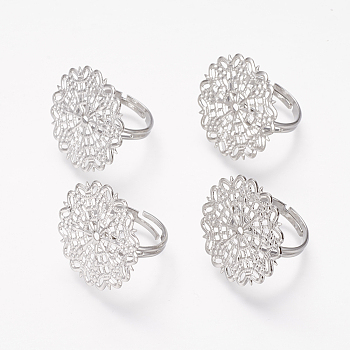 Brass Filigree Ring Bases, Adjustable, Lead Free, Cadmium Free and Nickel Free, Platinum Color, Plated,Size: Ring: 18~19mm in diameter, 1mm thick, Tray: about 25mm in diameter, 0.8mm thick