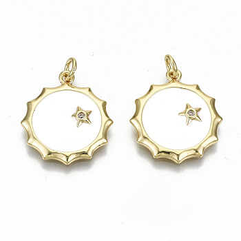 Real 16K Gold Plated Brass Micro Pave Clear Cubic Zirconia Pendants, with Jump Rings and Enamel, Nickel Free, Sun, White, 20.5x18x2.5mm, Jump Ring: 5x1mm, 3mm inner diameter