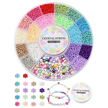 DIY Stretch Bracelet Making Kit, Including Seed Round & Acrylic Letter Beads, Aluminum Bell Charms, Mixed Color, Beads: 4461Pcs/box