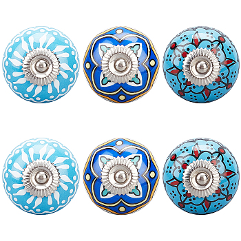 AHANDMAKER 6Pcs 3 Styles Printing Porcelain Drawer Knobs, with Iron Finding and Screw, for Home, Cabinet, Cupboard and Dresser, Rondelle with Flower Pattern, Marine Blue, 2-1/2 inch(65mm), Ceramic: 40x28mm, 2pcs/style