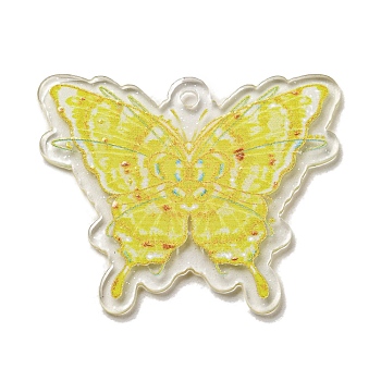 Acrylic Pendant, Butterfly, Yellow, 34x42.5x2.5mm, Hole: 2mm