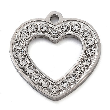 304 Stainless Steel Pendants, with Rhinestone  Heart, Stainless Steel Color, 16x15x1.5mm, Hole: 1.5mm