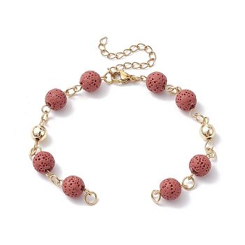 Dyed Natural Lava Rock Round Beaded Chain Bracelet Making, with Golden 304 Stainless Steel Findings, Fit for Connector Charms, Indian Red, 6-3/4 inch(17cm)
