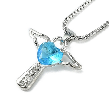 Cubic Zirconia Fairy with Heart Pendant Necklace with Box Chains, Platinum Zinc Alloy Jewelry for Women, Deep Sky Blue, 18.98 inch(48.2cm)