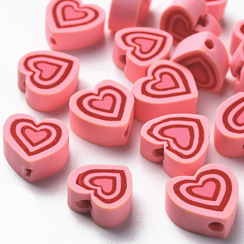 Handmade Polymer Clay Beads, Heart, Pink, 7.5~11x7~11x4~5mm, Hole: 1.8mm