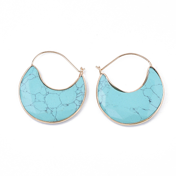 Synthetic Turquoise Crescent Moon Dangle Hoop Earrings, with Brass Findings, Faceted, 44~51x36.5x4~6mm, Pin: 1mm