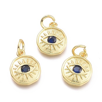 Brass Micro Pave Cubic Zirconia Pendants, with Jump Ring, Flat Round with Eye, Real 18K Gold Plated, Dark Blue, 12x10x2mm, Jump Rings: 5x0.8mm, Inner Diameter: 3mm