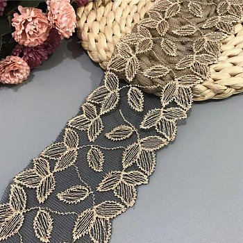 Polyester Embroidery Ribbon, for Crafts Wedding Gift Wrapping, Leaf, 3 inch(75mm), 15 yards