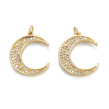 Brass Micro Pave Clear Cubic Zirconia Pendants, Long-Lasting Plated, Moon, Real 18K Gold Plated, 20x16x2mm, Hole: 2mm