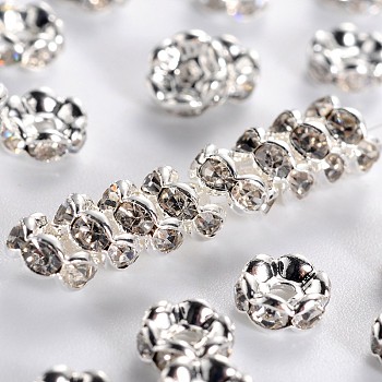 Brass Rhinestone Spacer Beads, Grade AAA, Wavy Edge, Nickel Free, Silver Color Plated, Rondelle, Crystal, 5x2.5mm, Hole: 1mm