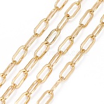 Soldered Brass Paperclip Chains, Flat Oval, Drawn Elongated Cable Chains, Long-Lasting Plated, with Spool, Real 18K Gold Plated, 6x2.5~3x0.5mm, about 32.8 Feet(10m)/roll(CHC-G005-06G-01)