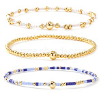 3Pcs 3 Styles Glass Seed Beads & Brass Beads Stretch Bracelets Set for Women, Round, Alice Blue, 6.50 inch(16.5cm)(VQ8944-3)