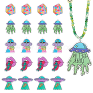 20Pcs 5 Style Alien Theme Colorful Acrylic Pendants, Mouth with Alien & UFO & Magic Cube, Mixed Color, 37~44.5x29~45.5x2~2.5mm, Hole: 1.5~2mm, 4pcs/style(FIND-CA0006-56)