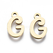 201 Stainless Steel Charms, Laser Cut, Alphabet, Golden, Letter.G, 12x7x1mm, Hole: 1.4mm(STAS-T044-217G-G)
