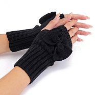 Acrylic Fibers Bowknot Knitting Fingerless Gloves, Arm Warmer, Winter Warm Gloves with Thumb Hole, Black, 200x70mm(PW-WG73400-01)