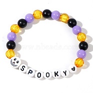 Halloween Acrylic Beads Stretch Bracelets for Women Men, Skull with Word Spoonky, Colorful, Inner Diameter: 6-7/8 inch(17.5cm)(QV8903-3)