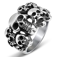 Steam Punk Style Titanium Steel Multi-Skull Finger Rings, Hollow Wide Rings for Men, Stainless Steel Color, US Size 12(21.4mm)(SKUL-PW0005-08F)
