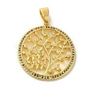 Brass Micro Pave Cubic Zirconia Pendants, Real 18K Gold Plated, Round with Tree of Life, Real 18K Gold Plated, 29x26.5x2mm, Hole: 7x3.8mm(KK-Z042-25G-02)