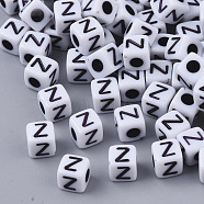 White Opaque Acrylic Beads, Horizontal Hole, Cube with Black Alphabet, Letter.Z, 4~5x4~5x4~5mm, Hole: 1.8mm, about 6470~6500pcs/500g(MACR-R869-02Z)