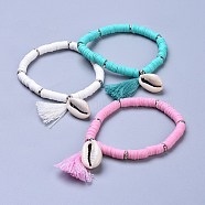 Handmade Polymer Clay Heishi Beads Stretch Bracelets, with Brass Findings, Shell Beads and Cotton Tassel Pendants, Mixed Color, 2-1/8 inch(5.4cm)(BJEW-JB04251-M)