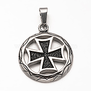 304 Stainless Steel Pendants, Ring with Cross, Antique Silver, 36.5x30.5x3.5mm, Hole: 5x10mm(STAS-M202-11AS)
