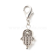 Tibetan Style Alloy Pendant Decorate, Hamsa Hand, with Zinc Alloy Lobster Claw Clasps, Antique Silver, 27.5mm(HJEW-JM00589)