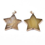 Natural Banded Agate/Striped Agate Pendants, with Light Gold Pleated Edge and Iron Bail, Star, Dyed, Goldenrod, 45~50x43~45x5~8mm, Hole: 4x7.5mm(G-N326-39D)