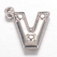 201 Stainless Steel Charms, Letter V, Stainless Steel Color, 15x14.2x3.5mm, Hole: 1.2mm(STAS-G081-44P)