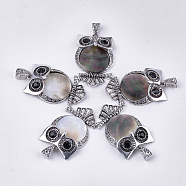 Black Lip Shell Big Pendants, with Alloy Findings and Rhinestone, Owl, Antique Silver, 50x32x9.5~10mm, Hole: 4.5x9mm(SHEL-S275-03)