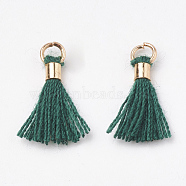 Polycotton(Polyester Cotton) Tassel Pendant Decorations, Mini Tassel, with Brass Findings, Light Gold, Teal, 10~15x3~4mm, Hole: 2mm(FIND-S275-08G)