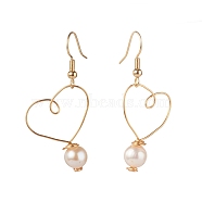 Brass Dangle Earrings, with Natural Pearl Beads, Heart, Golden, 43mm, Pin: 0.7mm(EJEW-JE04563)