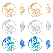 12Pcs 6 Styles 201 Stainless Steel Pendants, Laser Cut, Ring with Leaf & Leaf, Mixed Color, 25~32x10~30x1mm, Hole: 1.4~1.6mm, 2pcs/style(STAS-DC0013-81)