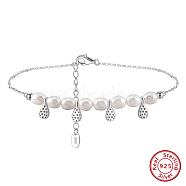 925 Sterling Silver with Natural Freshwater Pearls Anklet, Teardrop, Real Platinum Plated, 8-1/2 inch(21.5cm)(AJEW-Z029-03P)