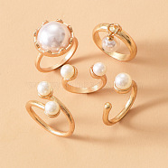 Zinc Alloy & Plastic Imitation Pearl Round Beads Finger Rings Sets, Golden, Inner Diameter: 20mm, 5pcs/set(WG9DC8A-01)