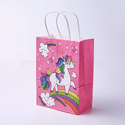 kraft Paper Bags, with Handles, Gift Bags, Shopping Bags, Rectangle, Unicorn Pattern, Hot Pink, 27x21x10cm(CARB-E002-M-O04)