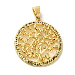 Brass Micro Pave Cubic Zirconia Pendants, Real 18K Gold Plated, Round with Tree of Life, Real 18K Gold Plated, 29x26.5x2mm, Hole: 7x3.8mm(KK-Z042-25G-02)