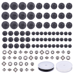 DIY Bead Stretch Bracelets Making Kits, Including Natural Lava Rock Round Beads, Tibetan Style Alloy Spacer Beads and Elastic Crystal Thread, Beads: 780pcs/set, Thread: 0.8mm, about 10m/roll, 2rolls/set(DIY-NB0004-61)