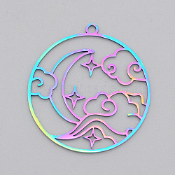 Ion Plating(IP) 201 Stainless Steel Pendants, Laser Cut, Ring with Cloud & Moon, Rainbow Color, 32.5x30x1mm, Hole: 1.8mm(STAS-T056-LA519)