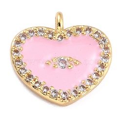 Golden Plated Brass Micro Pave Clear Cubic Zirconia Charms, with Enamel, Long-Lasting Plated, Heart with Eye, Pink, 11x11.5x2.5mm, Hole: 1.2mm(ZIRC-L097-033D-G)