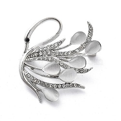 Swan Alloy Brooch, with Glass Imitation Cat Eye and Rhinestone, Platinum, 34x36mm(JEWB-C037-33A-P)