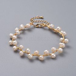 Bracelets, with Grade A Natural Freshwater Pearl Beads, Eco-Friendly Copper Jewelry Wire and Burlap Packing Pouches Drawstring Bags, Antique White, 7-1/4 inch(18.5cm), 1.2~6mm(BJEW-JB04529)