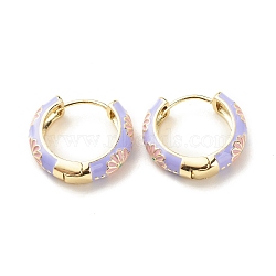Daisy Flower Enamel Hoop Earrings, Gold Plated Brass Hinged Earrings for Women, Lilac, 20x22x5mm, Pin: 0.9mm(EJEW-G290-01G-B)