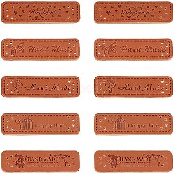 PU Leather Labels, Handmade Embossed Tag, with Holes, for DIY Jeans, Bags, Shoes, Hat Accessories, Rectangle with Word, Chocolate, 51x16x1.5mm, 5patterns, 10pcs/pattern, 50pcs/box(DIY-NB0003-55)