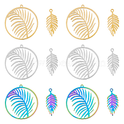 12Pcs 6 Styles 201 Stainless Steel Pendants, Laser Cut, Ring with Leaf & Leaf, Mixed Color, 25~32x10~30x1mm, Hole: 1.4~1.6mm, 2pcs/style(STAS-DC0013-81)