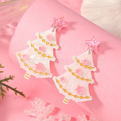 Resin Christmas Tree Stud Earrings, Cute Unique Design Festive Ear Jewelry Collection, Platinum, Pink, 55x33mm(OU3375-1)