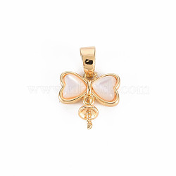 Brass Peg Bails Pendants, with Freshwater Shell, for Half Drilled Bead, Nickel Free, Bowknot, Real 18K Gold Plated, 16x10.5x3mm, Hole: 3x3.5mm, Pin: 0.8mm(KK-T062-171G-NF)